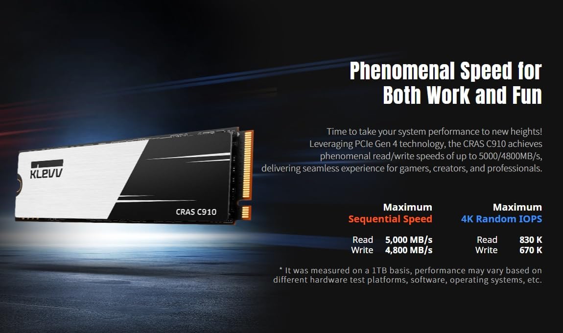 Klevv Cras C910 1Tb M.2 Nvme Pcie Gen4X4 Internal Ssd Heatsink Included, Up To 5000Mb/S (K01Tbm2Sp0 C91)